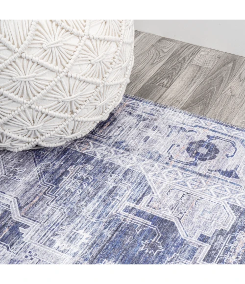 Alanya Ornate Medallion Washable Navy/Cream 2 ft. x 8 ft. Runner Rug