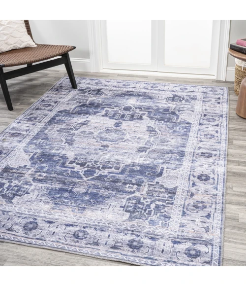 Alanya Ornate Medallion Washable Navy/Cream 3 ft. x 5 ft. Area Rug
