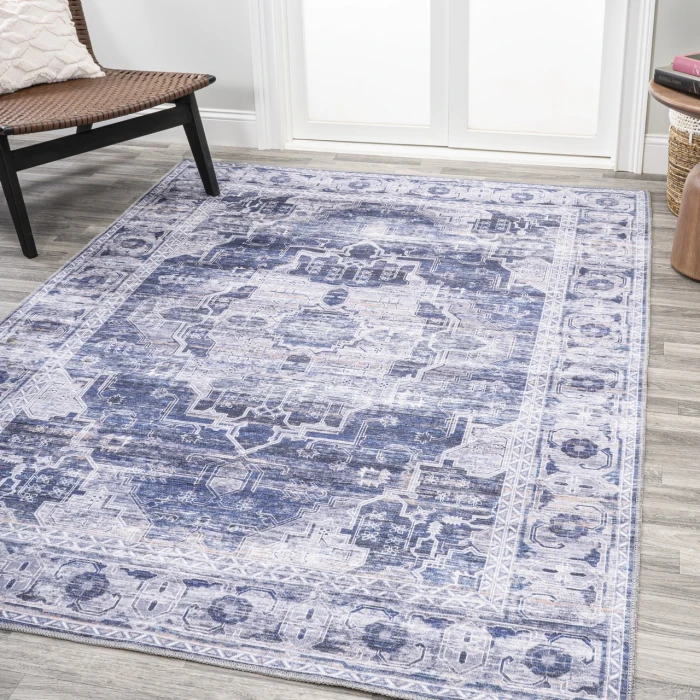 Alanya Ornate Medallion Washable Navy/Cream 4 ft. x 6 ft. Area Rug