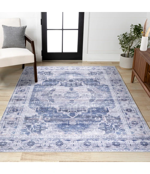 Alanya Ornate Medallion Washable Navy/Cream 3 ft. x 5 ft. Area Rug