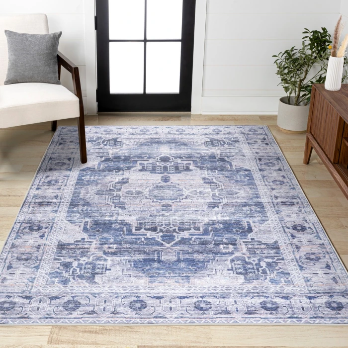 Alanya Ornate Medallion Washable Navy/Cream 4 ft. x 6 ft. Area Rug