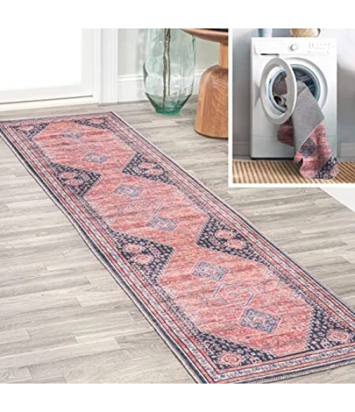 Dalyan Geometric Medallions Washable Terra/Navy 2 ft. x 8 ft. Runner Rug