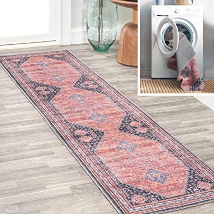 Dalyan Geometric Medallions Washable Terra/Navy 2 ft. x 8 ft. Runner Rug