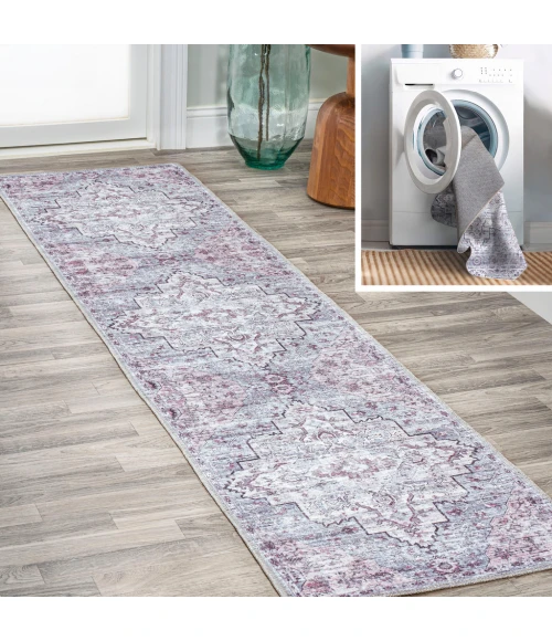 Didim Boho Gray Medallion Washable Gray/Purple 2 ft. x 8 ft. Runner Rug