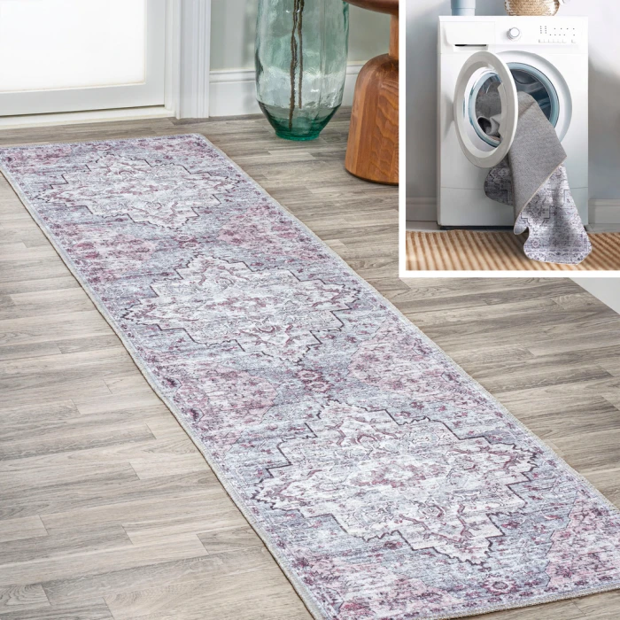 Didim Boho Gray Medallion Washable Gray/Purple 2 ft. x 8 ft. Runner Rug