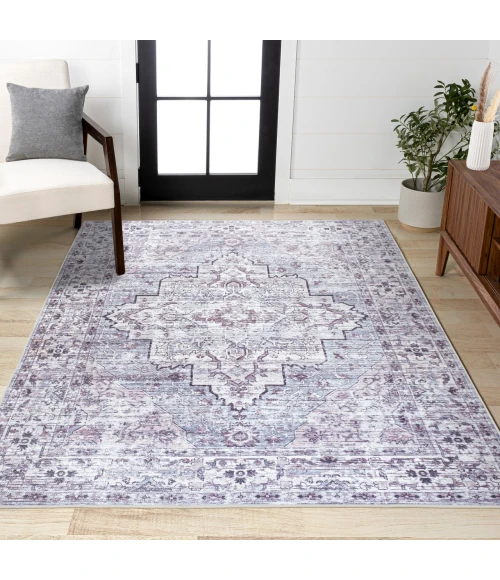 Didim Boho Gray Medallion Washable Gray/Purple 3 ft. x 5 ft. Area Rug