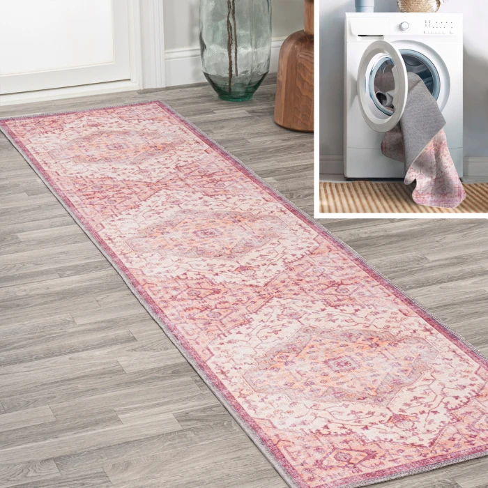 Alacati Ogee Medallion Washable Red/Orange/Cream 2 ft. x 8 ft. Runner Rug