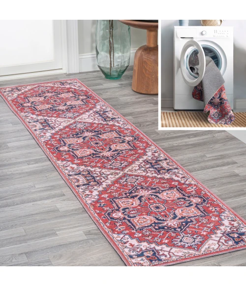Cirali Ornate Large Medallion Washable Red/Navy 2 ft. x 8 ft. Runner Rug