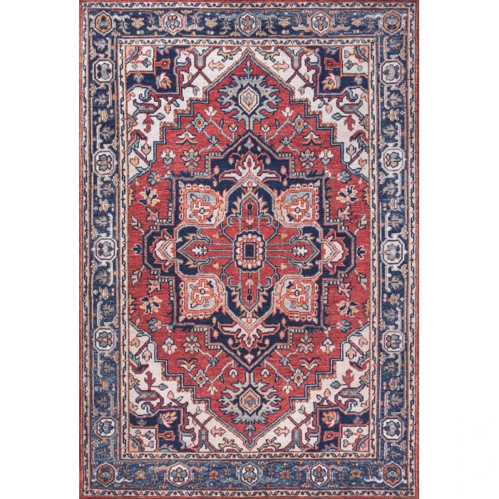 Cirali Ornate Large Medallion Washable Red/Navy 5 ft. x 8 ft. Area Rug