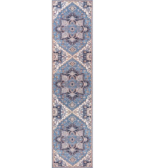Cirali Ornate Large Medallion Washable Blue/Beige 2 ft. x 8 ft. Runner Rug