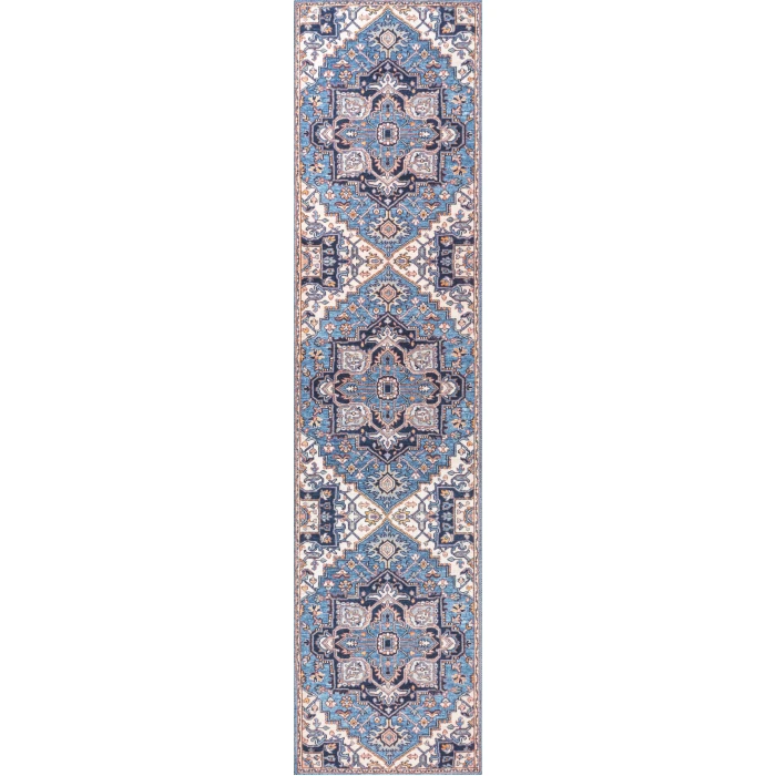 Cirali Ornate Large Medallion Washable Blue/Beige 2 ft. x 8 ft. Runner Rug