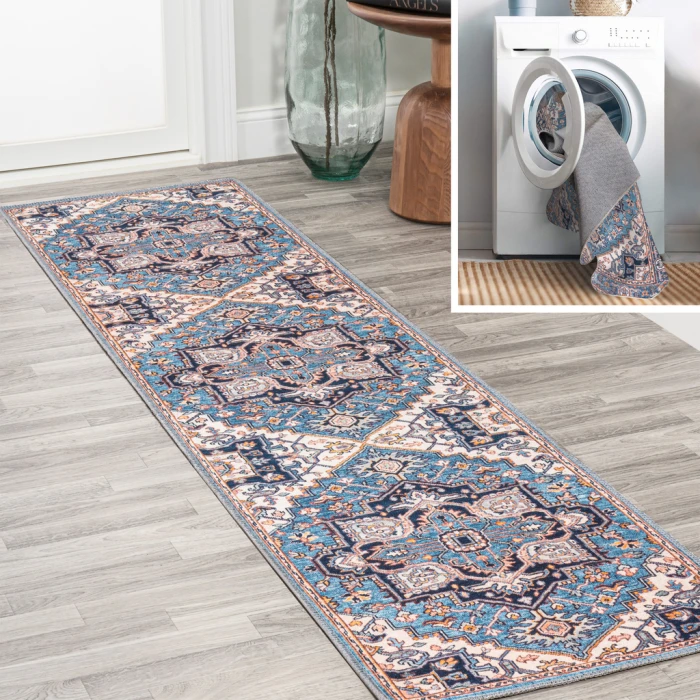 Cirali Ornate Large Medallion Washable Blue/Beige 2 ft. x 8 ft. Runner Rug