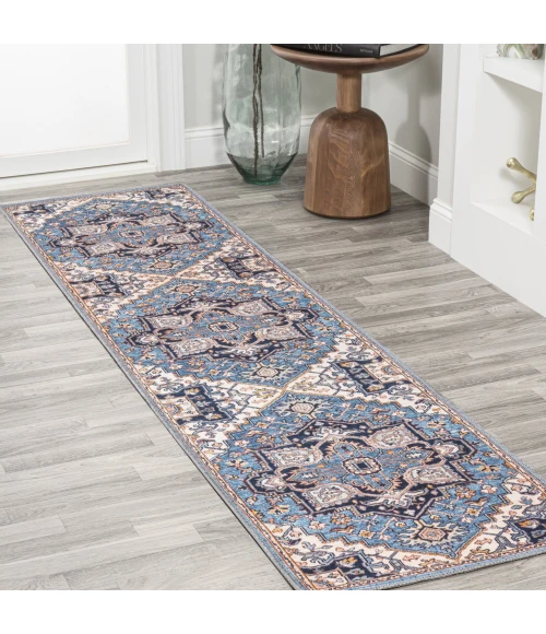 Cirali Ornate Large Medallion Washable Blue/Beige 2 ft. x 8 ft. Runner Rug