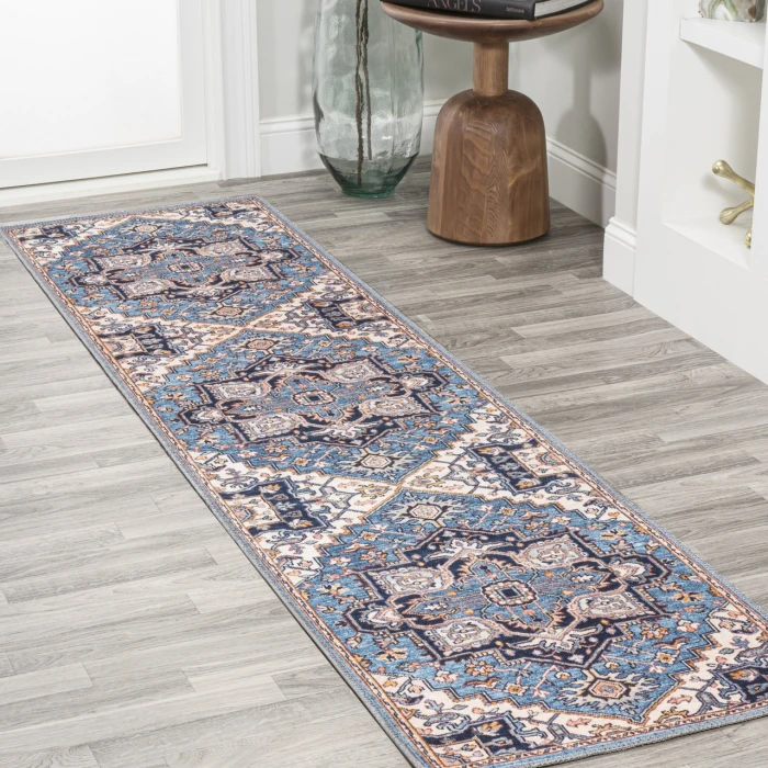 Cirali Ornate Large Medallion Washable Blue/Beige 2 ft. x 8 ft. Runner Rug