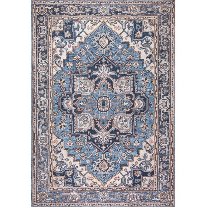 Cirali Ornate Large Medallion Washable Blue/Beige 8 ft. x 10 ft. Area Rug