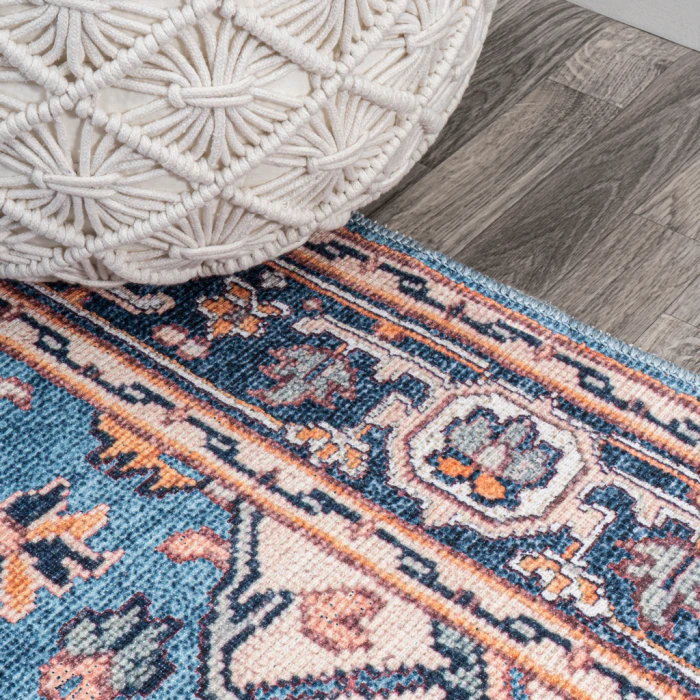 Cirali Ornate Large Medallion Washable Blue/Beige 2 ft. x 8 ft. Runner Rug