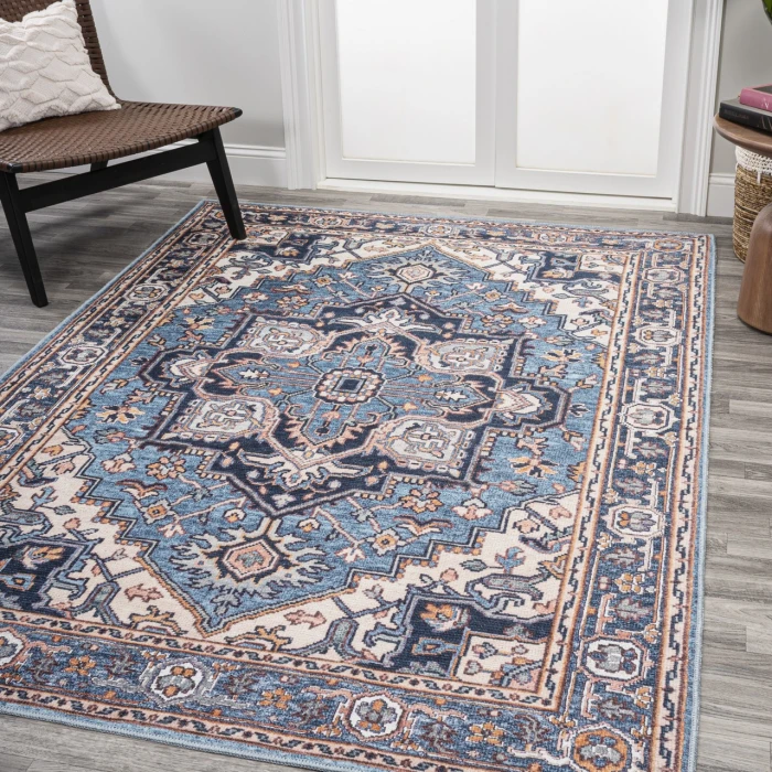 Cirali Ornate Large Medallion Washable Blue/Beige 8 ft. x 10 ft. Area Rug