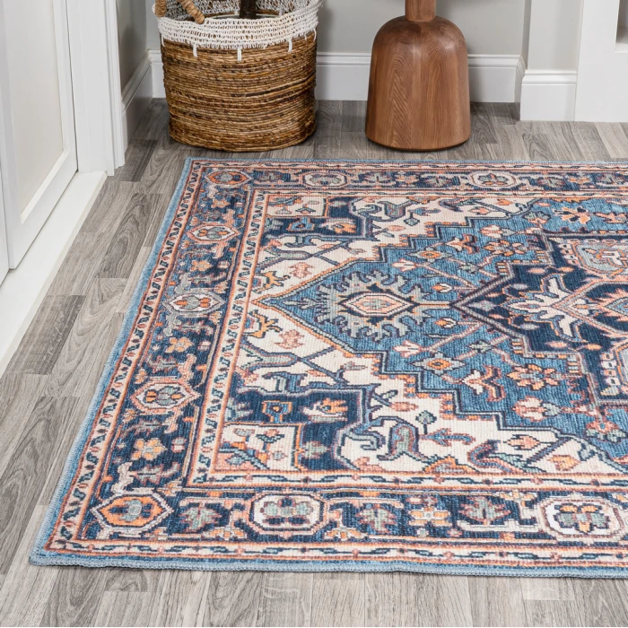 Cirali Ornate Large Medallion Washable Blue/Beige 8 ft. x 10 ft. Area Rug