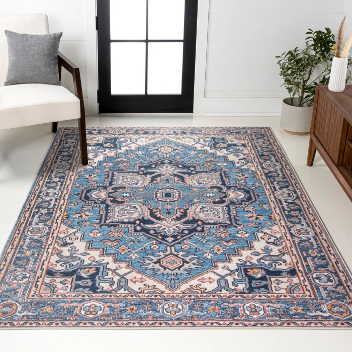 Cirali Ornate Large Medallion Washable Blue/Beige 8 ft. x 10 ft. Area Rug
