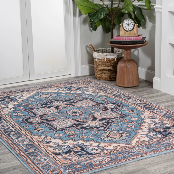 Cirali Ornate Large Medallion Washable Blue/Beige 8 ft. x 10 ft. Area Rug