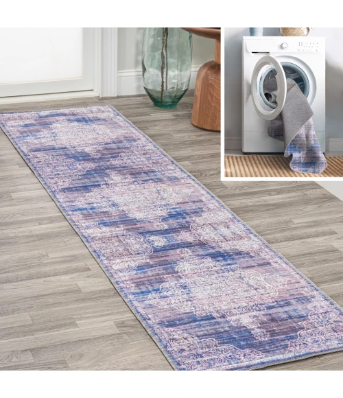 Regis Bohemian Medallion Washable Blue 2 ft. x 8 ft. Runner Rug