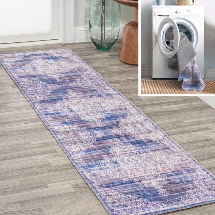 Regis Bohemian Medallion Washable Blue 2 ft. x 8 ft. Runner Rug