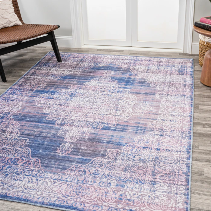 Regis Bohemian Medallion Washable Blue 3 ft. x 5 ft. Area Rug