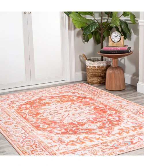 Asa Ornate Medallion Washable Orange/Cream 4 ft. x 6 ft. Area Rug