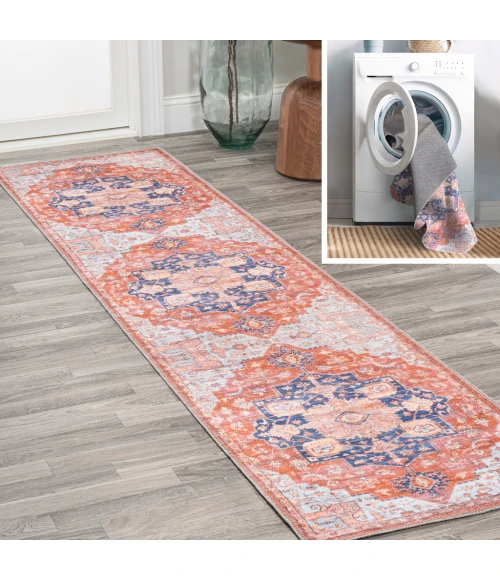 Maris Ornate Medallion Washable Orange/Cream 2 ft. x 8 ft. Runner Rug