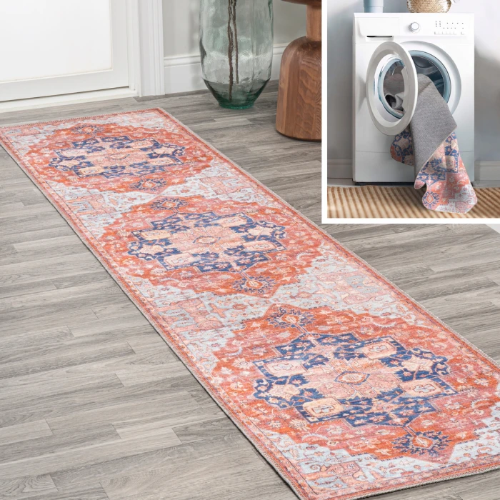 Maris Ornate Medallion Washable Orange/Cream 2 ft. x 8 ft. Runner Rug