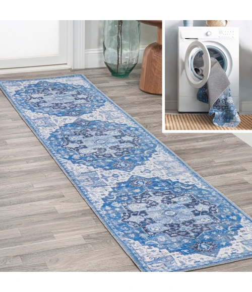 Maris Ornate Medallion Washable Blue/Navy 2 ft. x 8 ft. Runner Rug