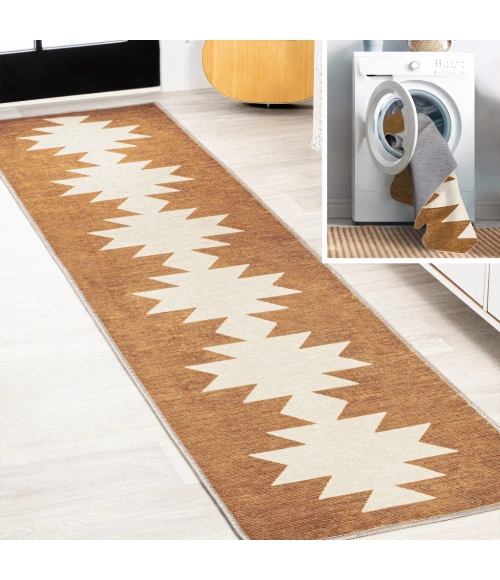 Chayton Minimalist Geometric Machine-Washable Terracotta/Cream 2 ft. x 8 ft. Runner Rug
