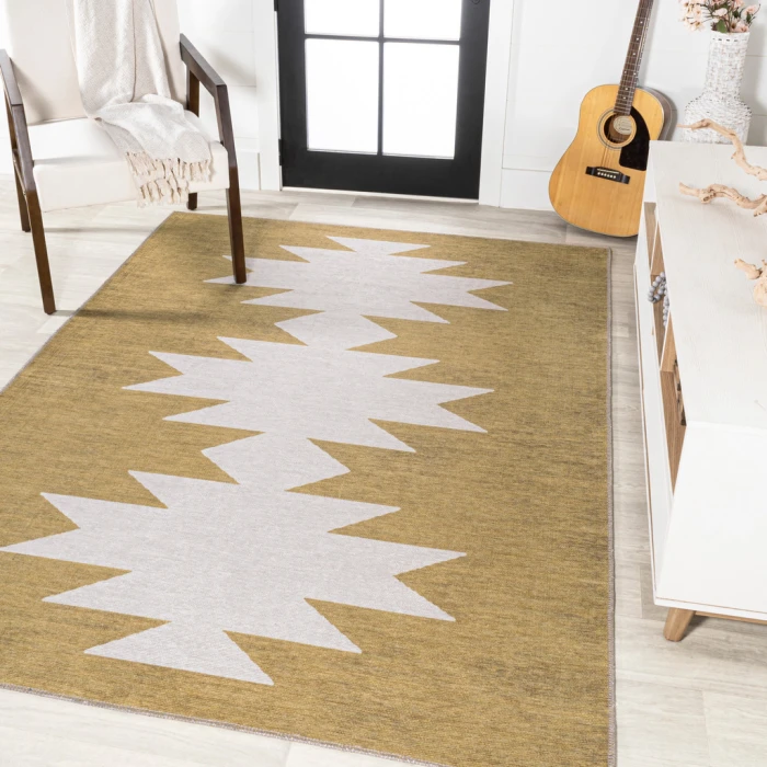 Chayton Minimalist Geometric Machine-Washable Moss/Cream 5 ft. x 8 ft. Area Rug
