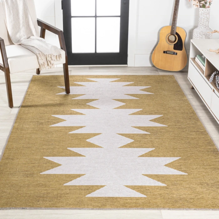 Chayton Minimalist Geometric Machine-Washable Moss/Cream 5 ft. x 8 ft. Area Rug