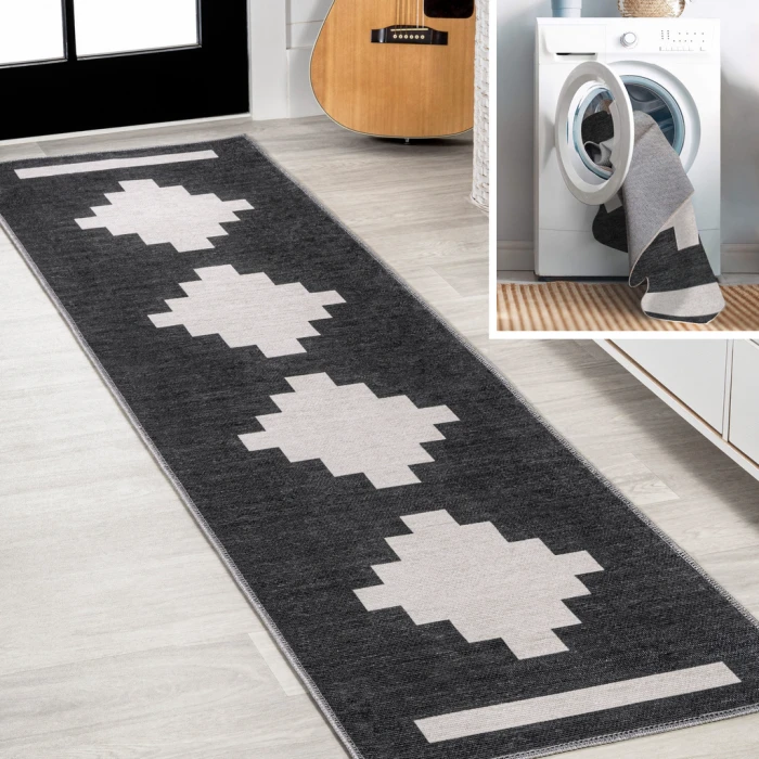 Adriel Geometric Tribal Medallion Machine-Washable Black/Cream 2 ft. x 8 ft. Runner Rug