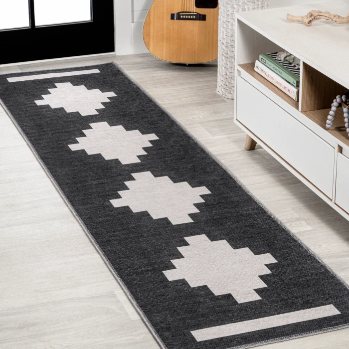Adriel Geometric Tribal Medallion Machine-Washable Black/Cream 2 ft. x 8 ft. Runner Rug