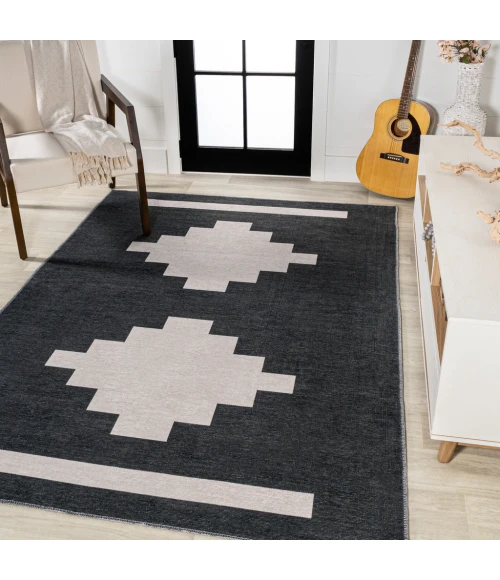 Adriel Geometric Tribal Medallion Machine-Washable Black/Cream 8 ft. x 10 ft. Area Rug