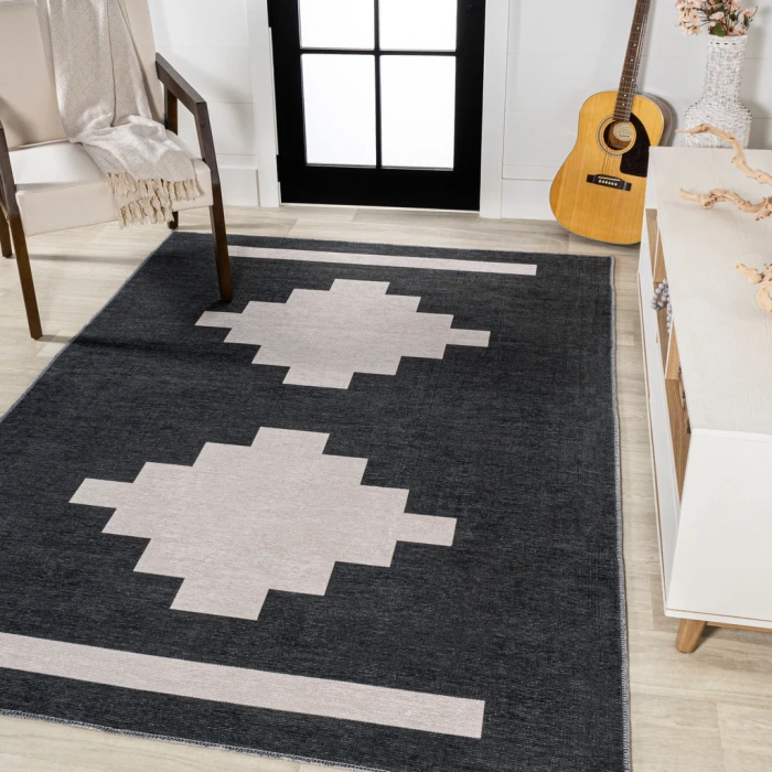 Adriel Geometric Tribal Medallion Machine-Washable Black/Cream 4 ft. x 6 ft. Area Rug
