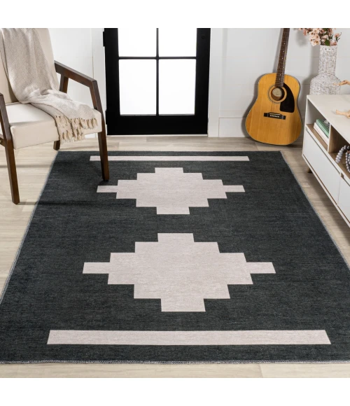Adriel Geometric Tribal Medallion Machine-Washable Black/Cream 8 ft. x 10 ft. Area Rug