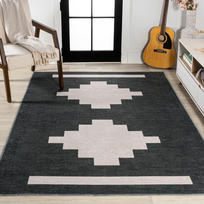 Adriel Geometric Tribal Medallion Machine-Washable Black/Cream 4 ft. x 6 ft. Area Rug