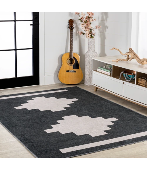 Adriel Geometric Tribal Medallion Machine-Washable Black/Cream 8 ft. x 10 ft. Area Rug