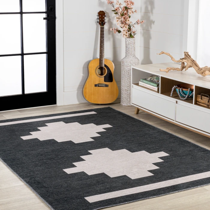 Adriel Geometric Tribal Medallion Machine-Washable Black/Cream 4 ft. x 6 ft. Area Rug