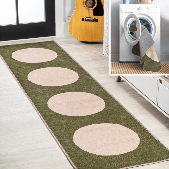 Cirkel Minimalist Geometric Dot Machine-Washable Green/Cream 2 ft. x 8 ft. Runner Rug