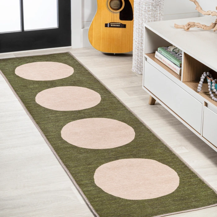 Cirkel Minimalist Geometric Dot Machine-Washable Green/Cream 2 ft. x 8 ft. Runner Rug
