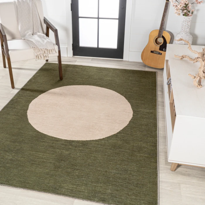 Cirkel Minimalist Geometric Dot Machine-Washable Green/Cream 5 ft. x 8 ft. Area Rug