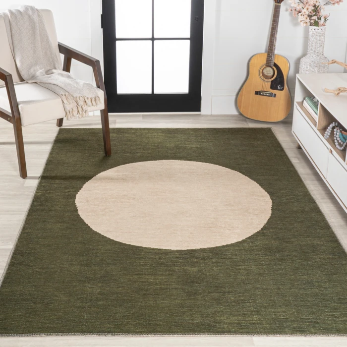Cirkel Minimalist Geometric Dot Machine-Washable Green/Cream 5 ft. x 8 ft. Area Rug