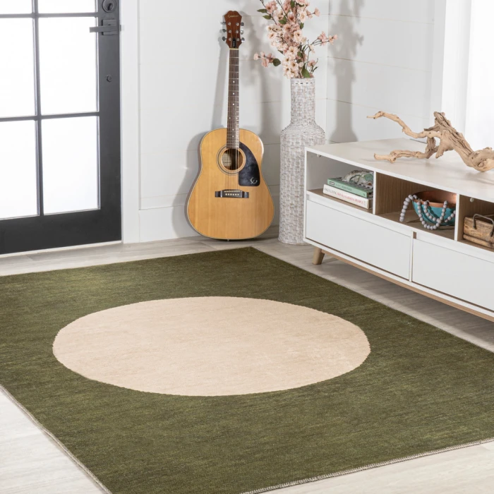 Cirkel Minimalist Geometric Dot Machine-Washable Green/Cream 5 ft. x 8 ft. Area Rug