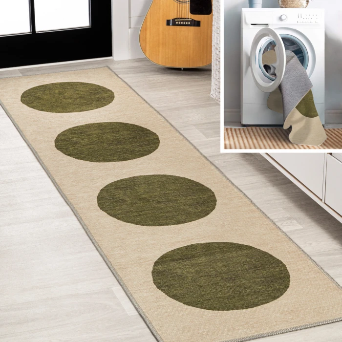Cirkel Minimalist Geometric Dot Machine-Washable Cream/Green 2 ft. x 8 ft. Runner Rug