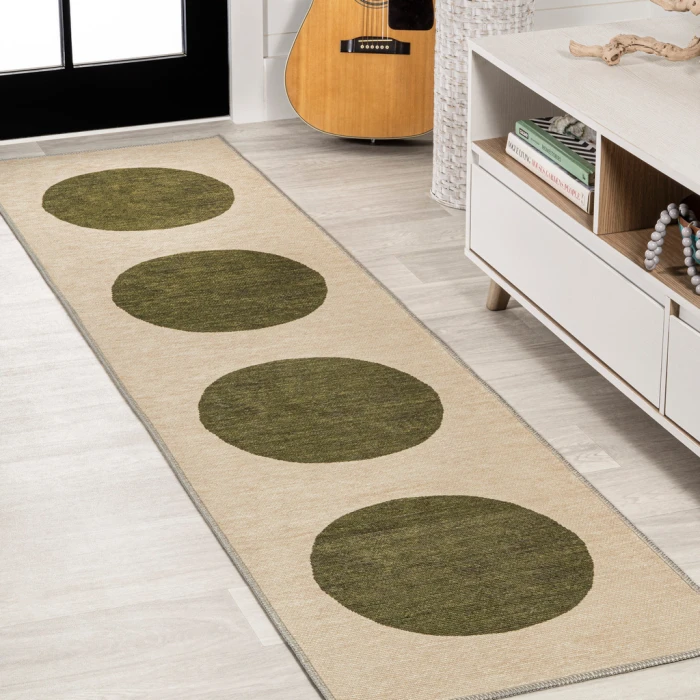 Cirkel Minimalist Geometric Dot Machine-Washable Cream/Green 2 ft. x 8 ft. Runner Rug