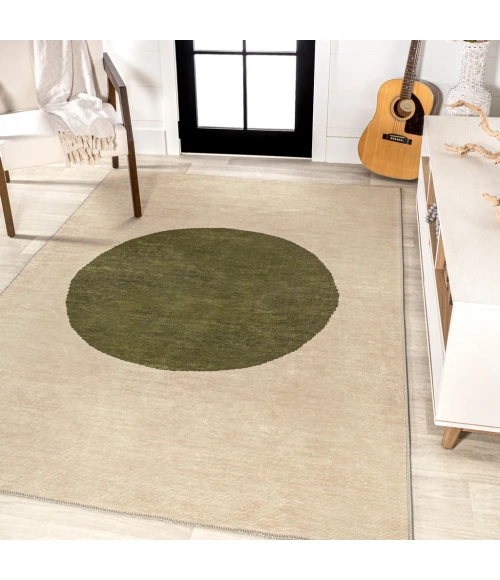 Cirkel Minimalist Geometric Dot Machine-Washable Cream/Green 3 ft. x 5 ft. Area Rug